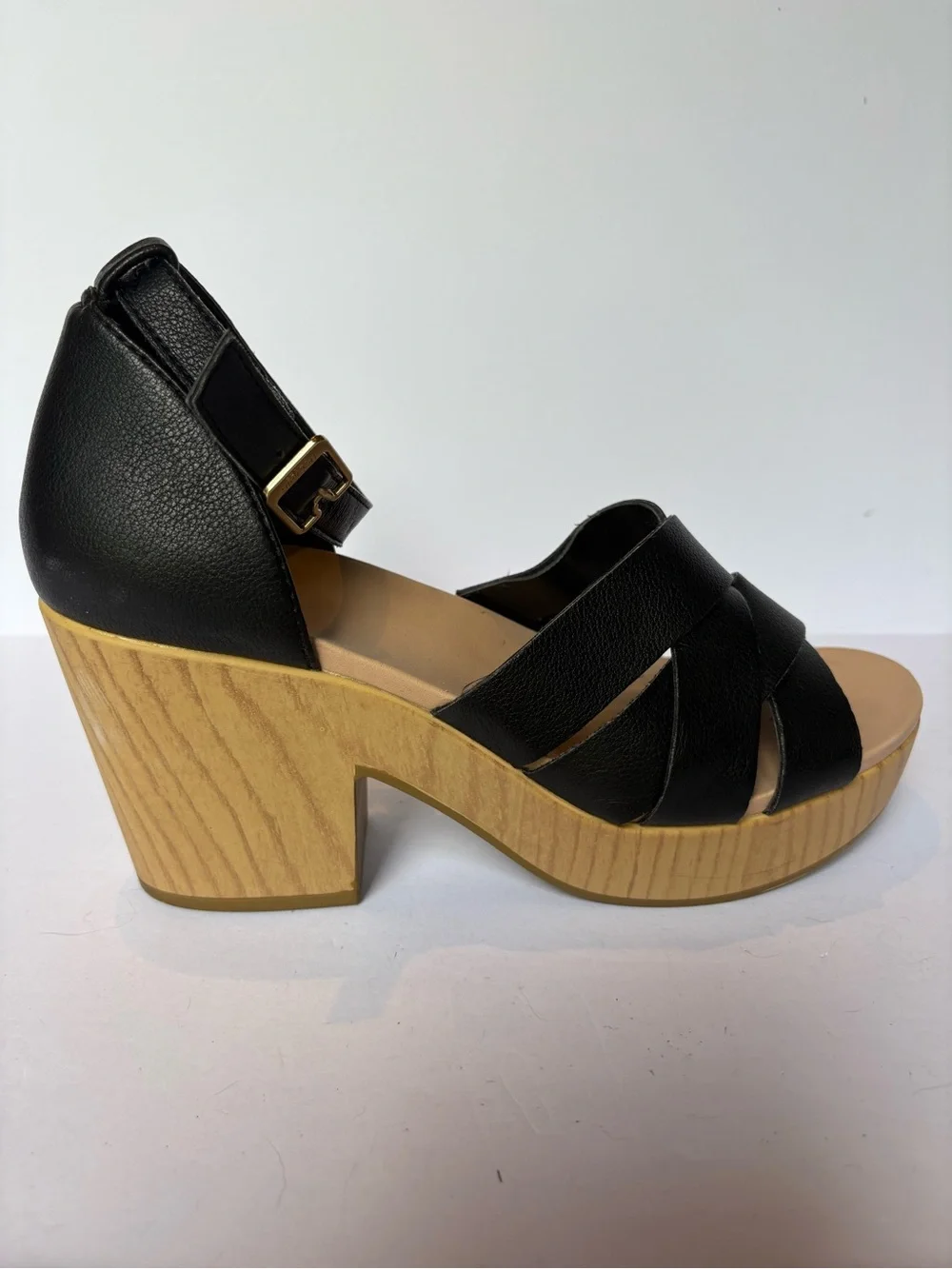 Dr. Scholls Women's Black Faux-Leather Platform Sandals with Ankle Strap Size 8.
